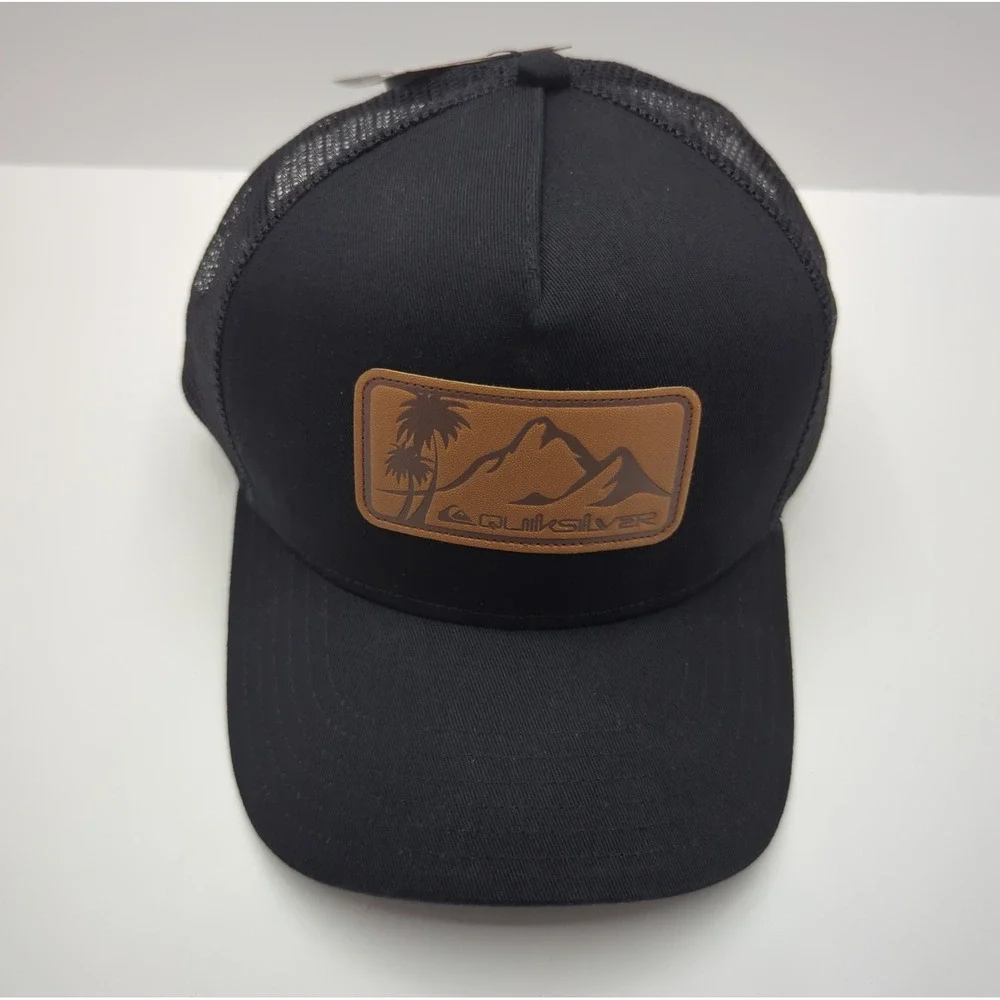 Quiksilver Black Trucker Hat Mountain‎ Palm Leather Patch Snapback QS001453Y NEW